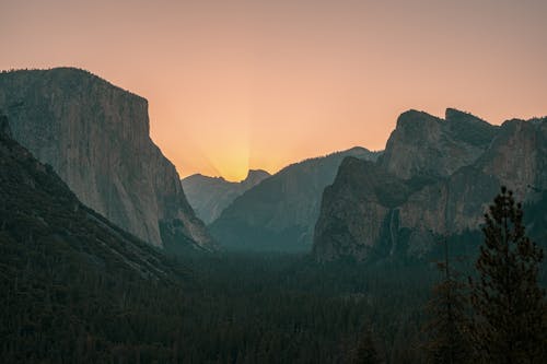 Green Trees Near Mountain during Sunset