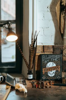 A moody indoor scene featuring vintage gothic decor with a skull artwork and rustic elements.
