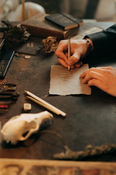 A moody desk scene featuring handwriting on parchment, surrounded by vintage objects and a skull for creative ambiance.