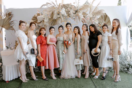 Smiling Asian woman in elegant dress standing near friends and looking at camera after wedding ceremony