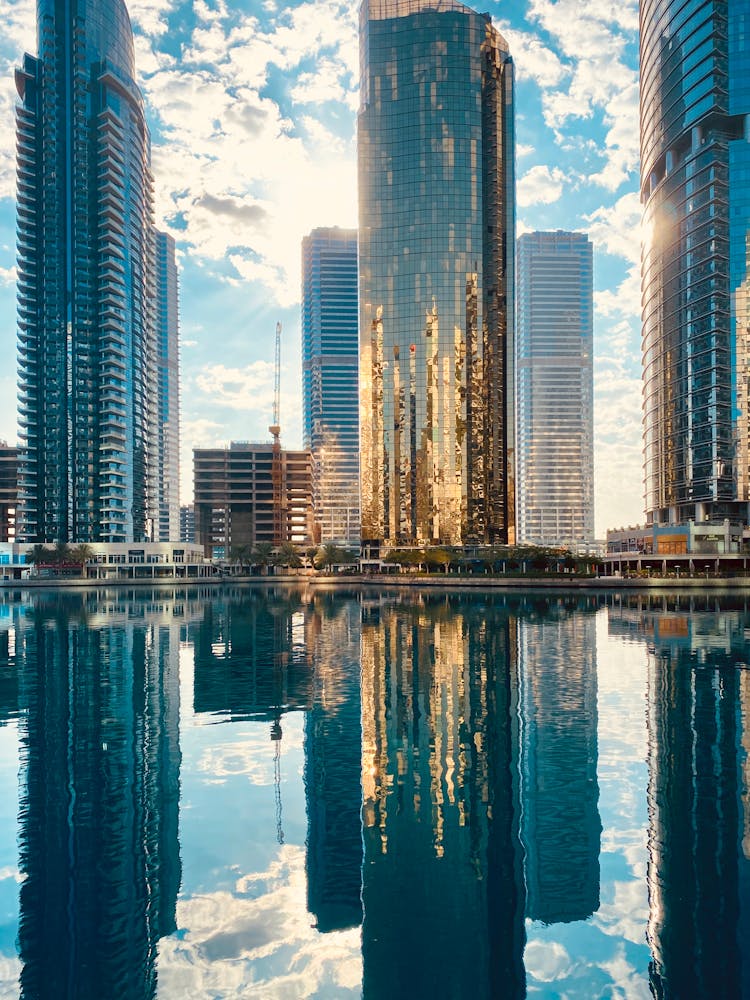 Modern City District With Skyscrapers Reflecting In Pond