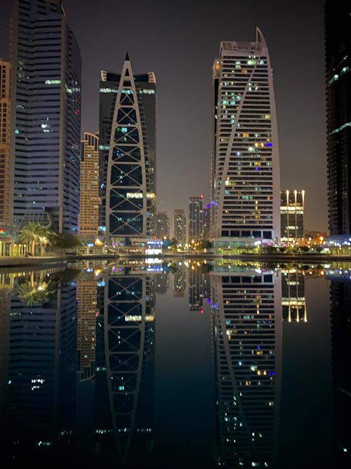 Exterior of  modern megapolis with glowing high rise skyscrapers reflecting in calm water at night