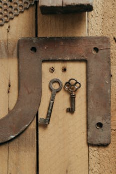 两个乡村复古键特写在纹理木制背景上
