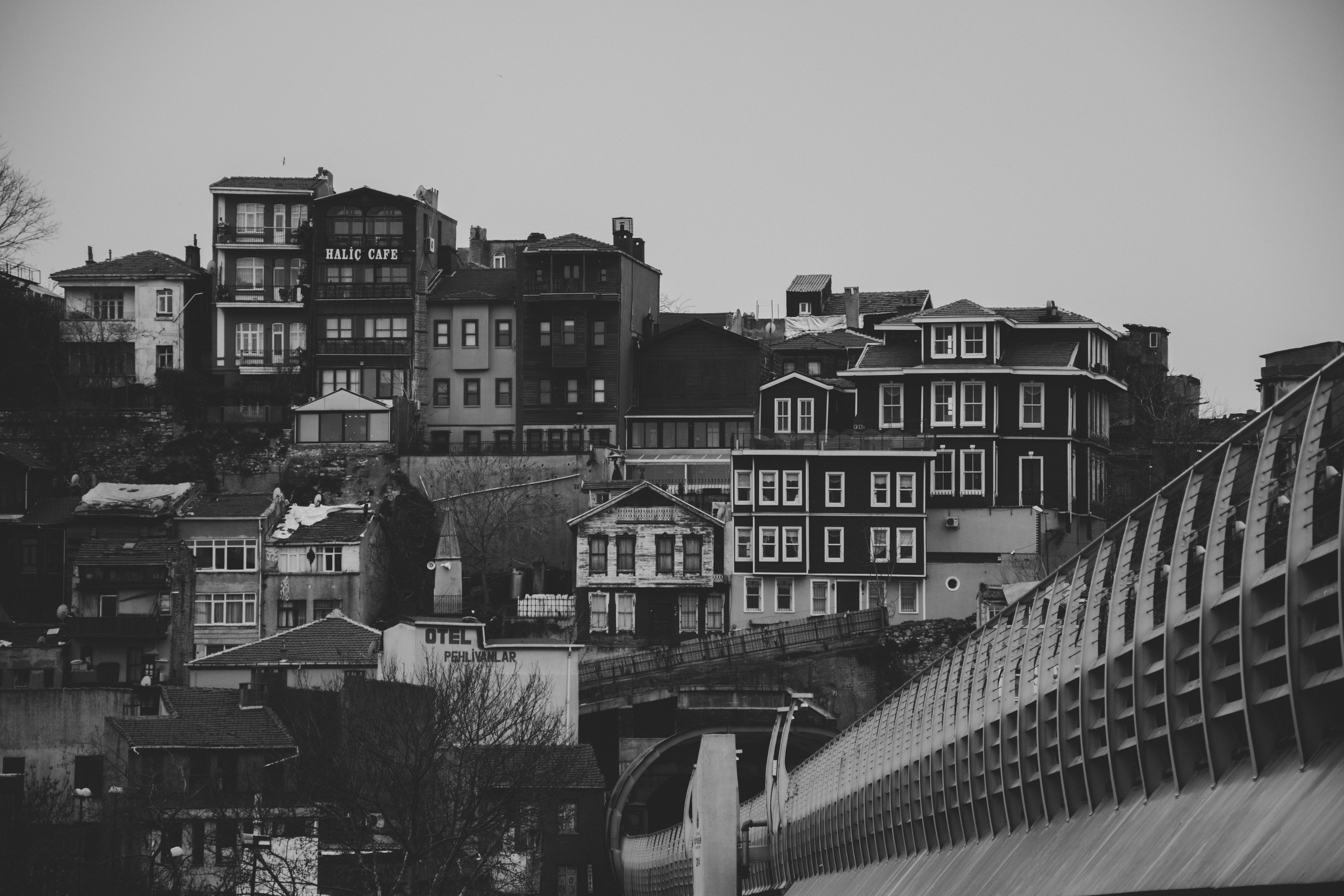 Black and white photo capturing Istanbul's historic urban architecture and Haliç metro bridge.