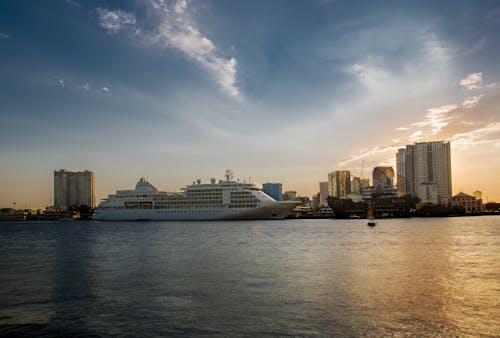 A Cruise Ship Docked on a Port Near a City