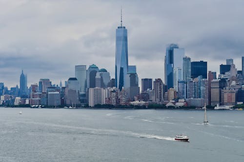 City of New York and the Hudson River Under a Cloudy Sky