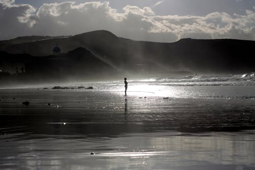 Free Silhouette of a Person Standing on Shore Stock Photo
