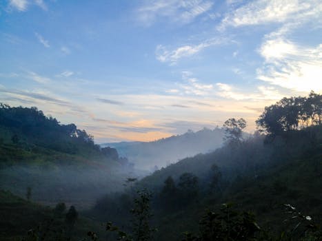 Peaceful mountain valley landscape at sunrise with mist and blue sky.