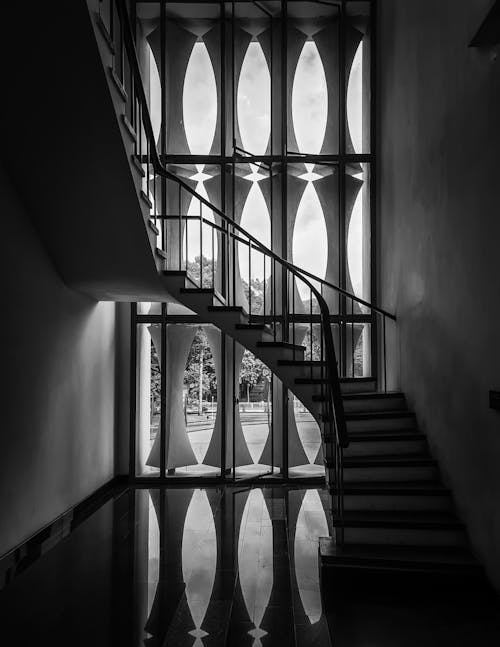 Grayscale Photo of a Staircase