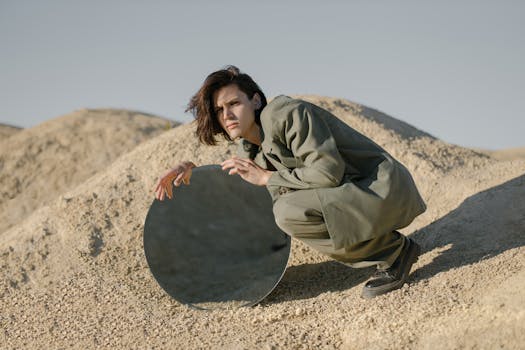 A man in stylish attire reflecting in a round mirror in a desert setting.