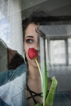 窗前，一位沉思的女人手持郁金香，这幅肖像映照出她的身影