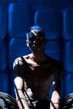 Dramatic portrait of a shirtless man sitting in shadows against blue jerry cans.