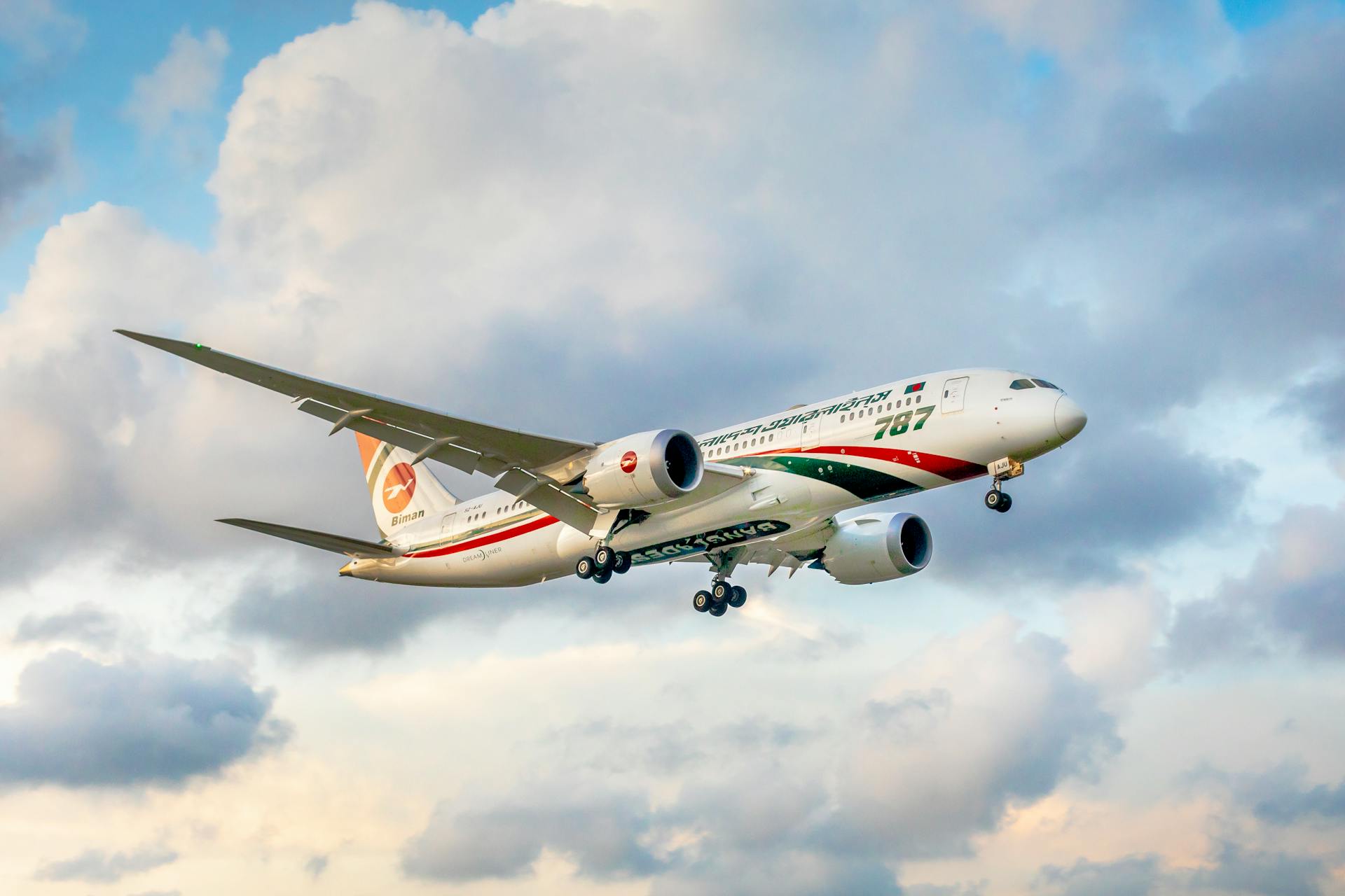 Biman Bangladesh Airlines Boeing 787 cruising through the clouds in Dhaka.