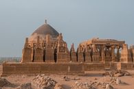 Picturesque view of famous medieval Chaukhandi tombs with pyramid shaped constructions located in Sindh province of Pakistan on sunny day