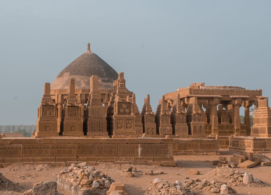 Picturesque view of famous medieval Chaukhandi tombs with pyramid shaped constructions located in Sindh province of Pakistan on sunny day