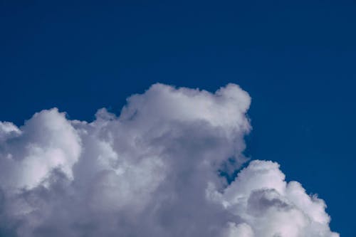 Low angle wonderful scenery of white fluffy cloud floating on endless bright blue sky on clear sunny day