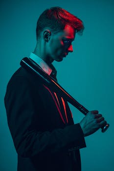 Side profile of a stylish man holding a baseball bat, lit with dramatic colored lighting.