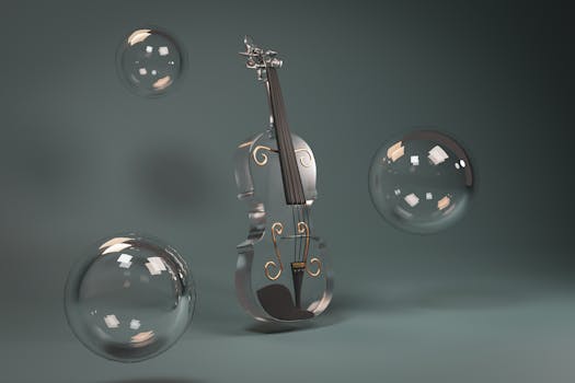 A glass violin with decorative swirls surrounded by floating bubbles on a gray background.