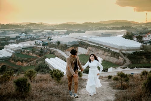 Smiling Asian newlyweds on mountain slope