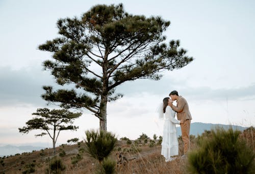 Newlywed couple kissing on wedding day in park