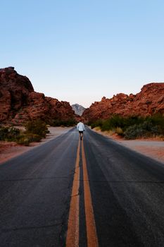 黄昏时分，一名孤独的旅行者沿着一条开阔的道路行走，四周是令人惊叹的沙漠景观