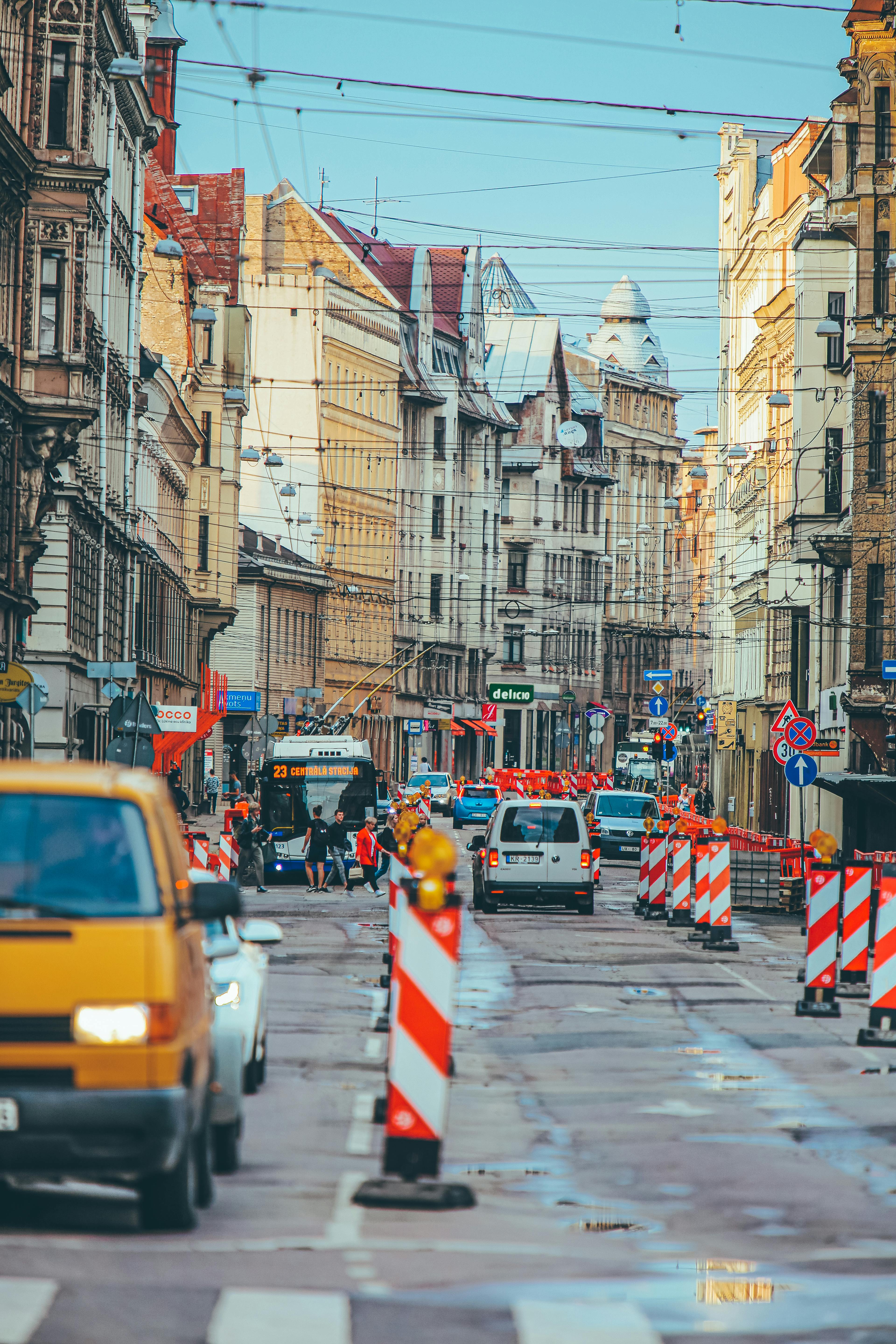 traffic on city with restriction bollards