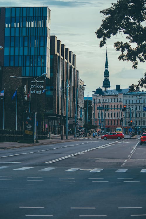 Asphalt roadway with cars and modern buildings with concrete facades of houses in city