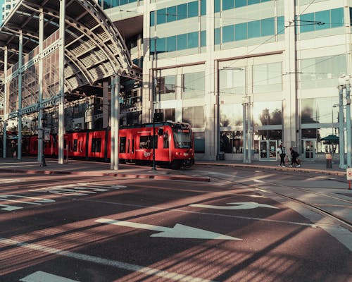 Red Tram Moving on  the Road