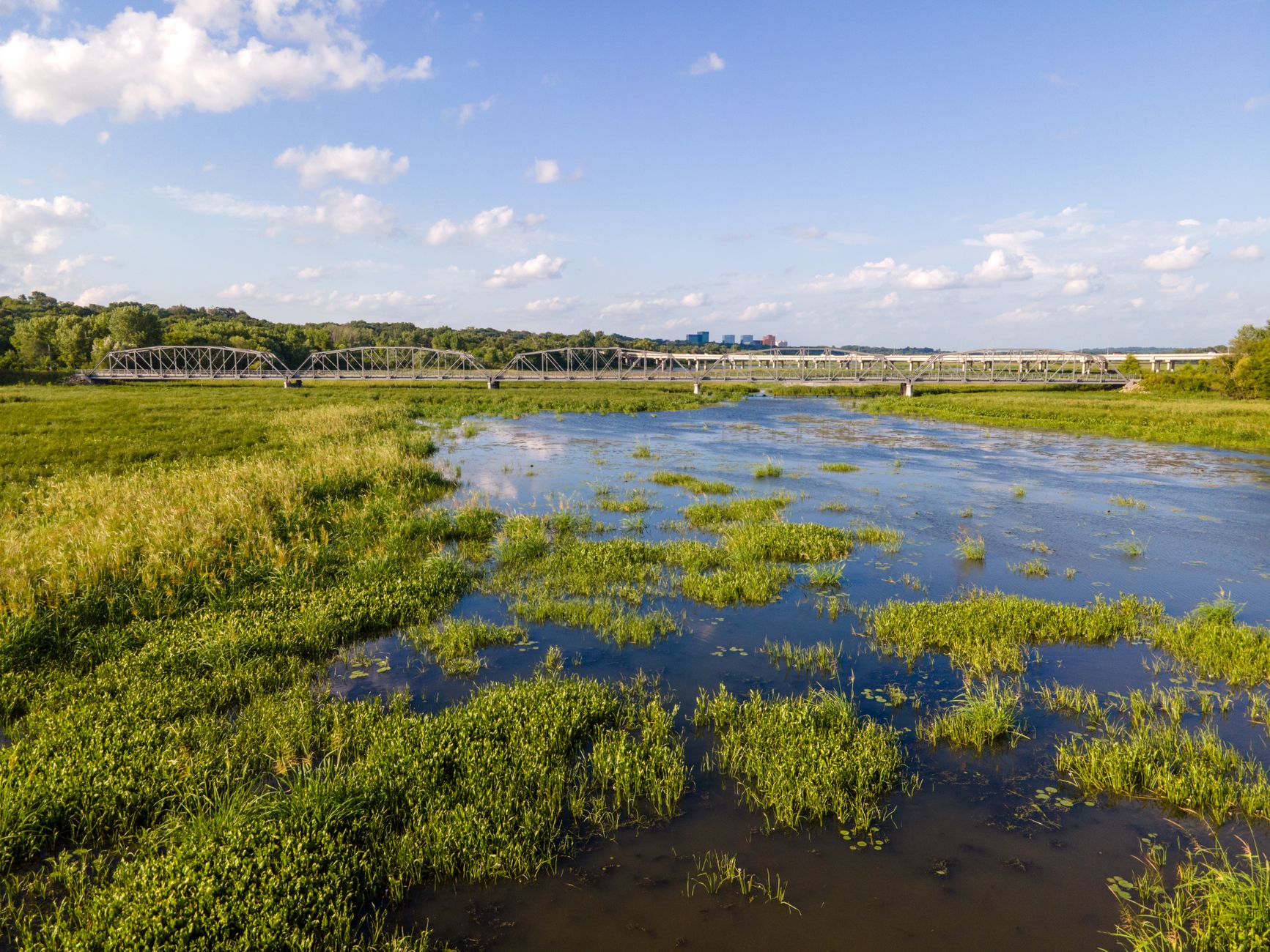 Beautiful wetlands and bridge in Bloomington, MN captured under clear blue skies.