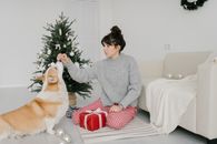 一位穿着灰色毛衣的女人，在室内与她的柯基犬一同享受假期，身旁还有圣诞树和礼物