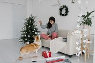 在节日氛围中，一名妇女和她的柯基犬正在装饰室内的圣诞节装饰