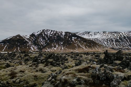 Free A striking view of snow-capped mountains with moss-covered lava fields underneath, showcasing nature's beauty. Stock Photo