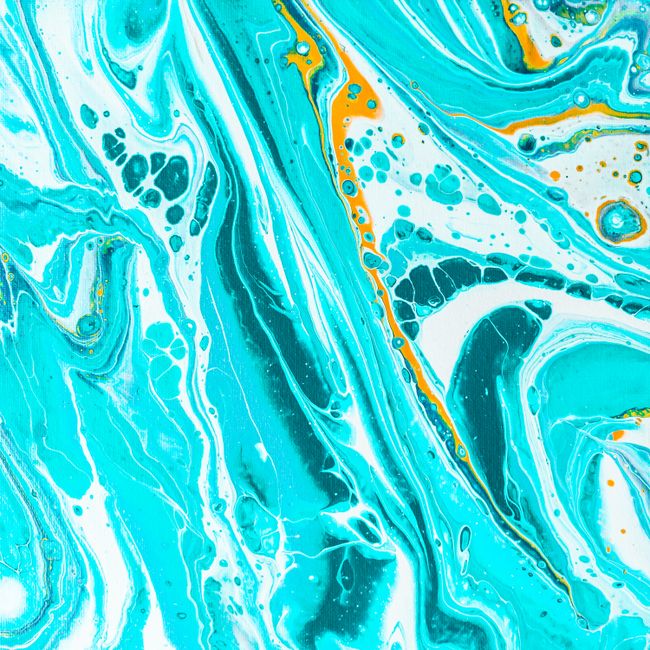 Dynamic acrylic painting with flowing turquoise patterns and vivid orange accents.