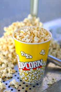 A vibrant image of popcorn overflowing from a yellow container, ideal for snack-themed designs.