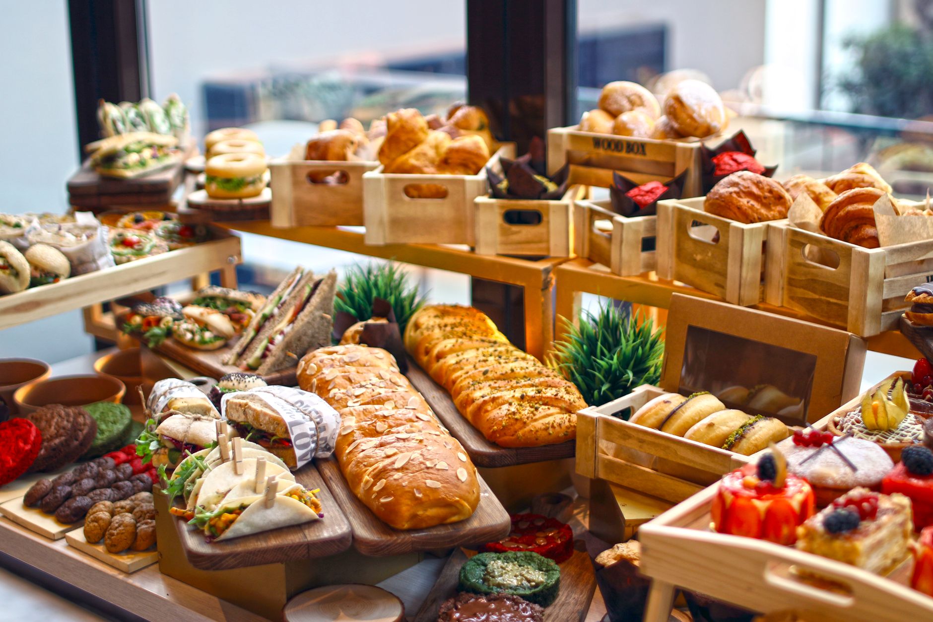 An enticing assortment of pastries and baked goods on display, showcasing a variety of textures and flavors.