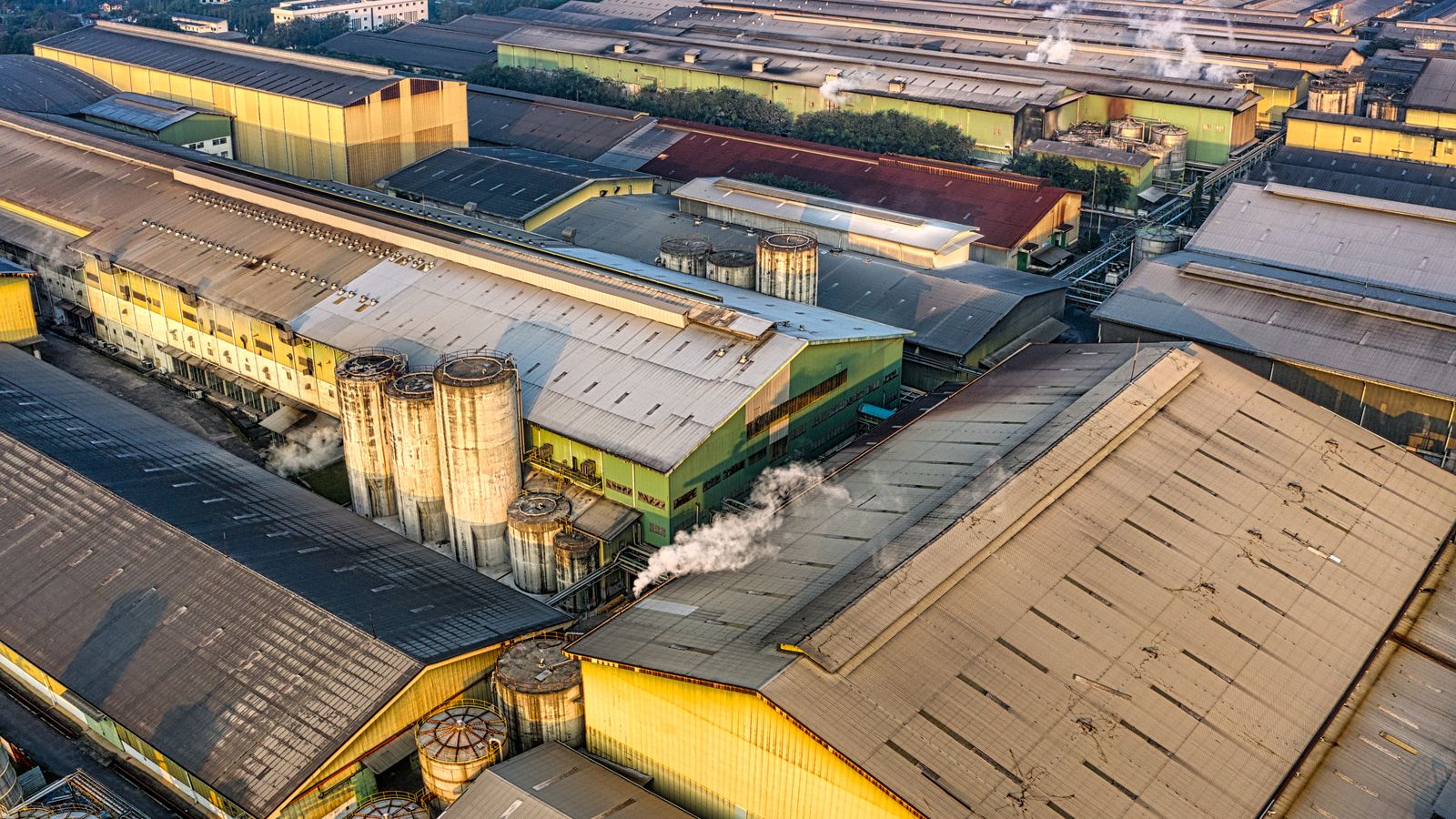 Aerial view of industrial warehouses and logistics infrastructure