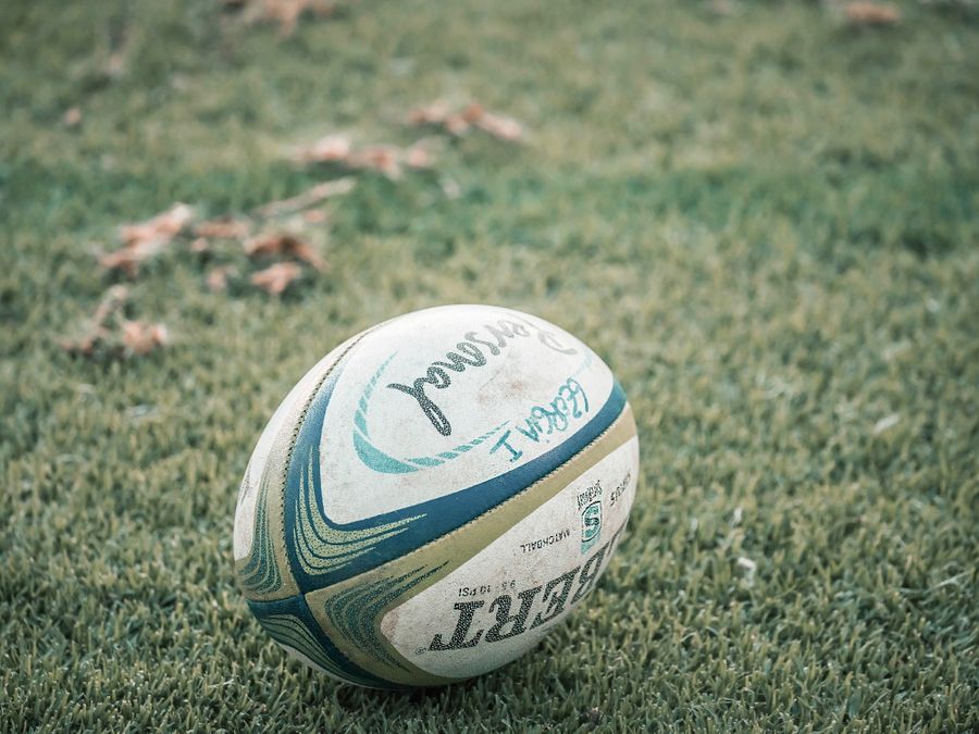 Rugby equipment on a grass field