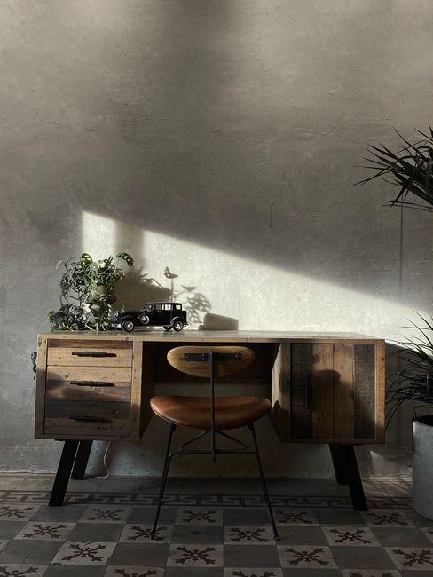 Rustic workspace featuring a vintage wooden desk and a potted plant in warm sunlight.