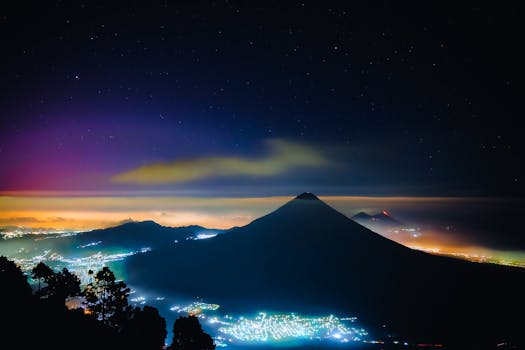 Stunning night scene of Guatemalan volcanoes with starry sky and city lights.