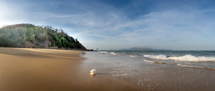 Peaceful beach scene with clear skies and gentle waves, perfect for relaxation.