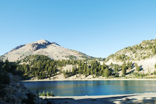 Picturesque landscape of calm lake surrounded by hills with coniferous trees growing on slope against cloudless blue sky
