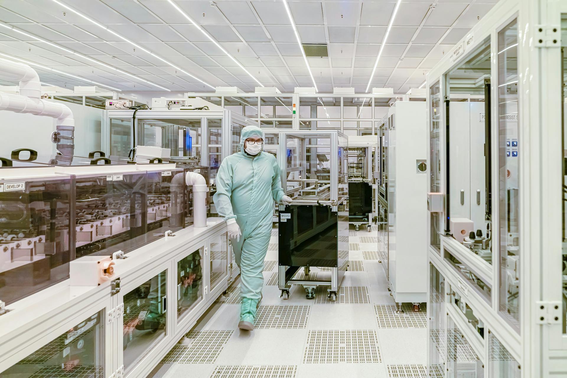 Scientist in protective gear walking in a high-tech cleanroom laboratory environment.