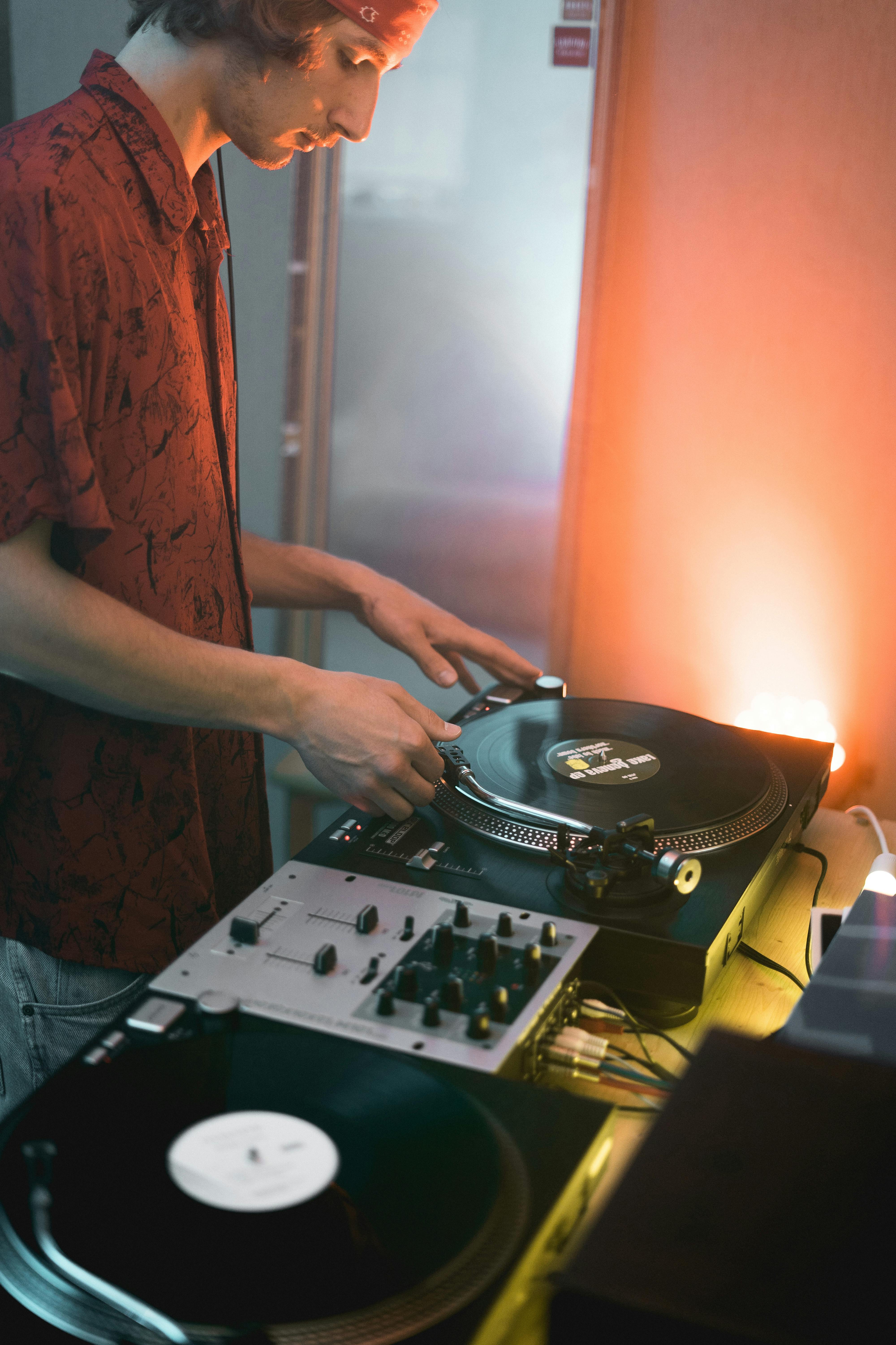 A retro-styled DJ mixing vinyl on turntables, capturing the nostalgic vibe of classic music sessions.