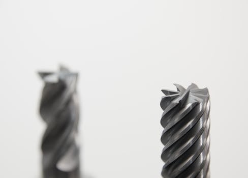 Detailed view of spiral metal drill bits used in precision machining and metalworking.