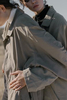 Stylish portrait of two women in trench coats embracing outdoors with a modern fashion vibe.