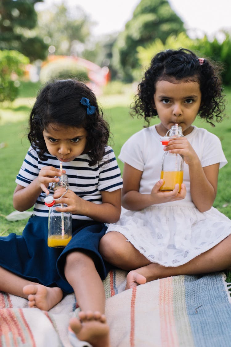 Close-Up Shot Of Two Girls Drinking Juice While Sitting On Picnic Blanket