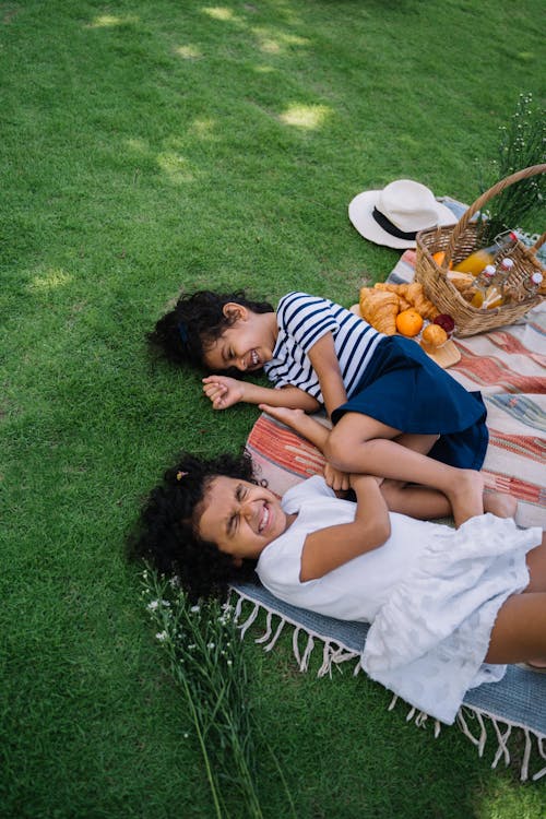Free Children Playing on a Picnic Blanket on Green Grass Stock Photo