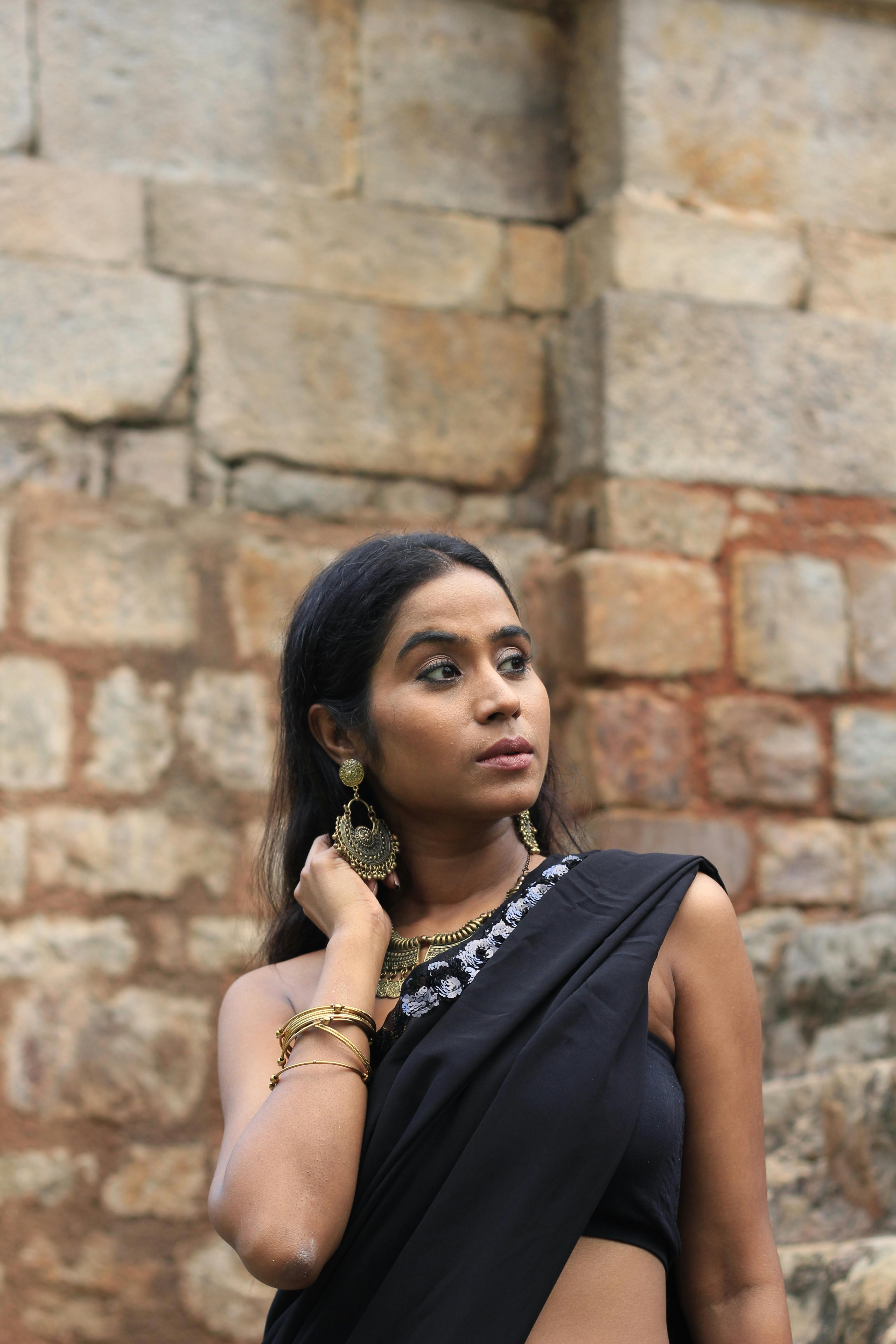 Black Satin Floral Handpainted Saree | Saree designs, Black saree, Black  saree designs