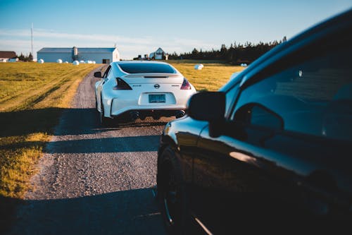 Modern sports cars driving on countryside road between lawns