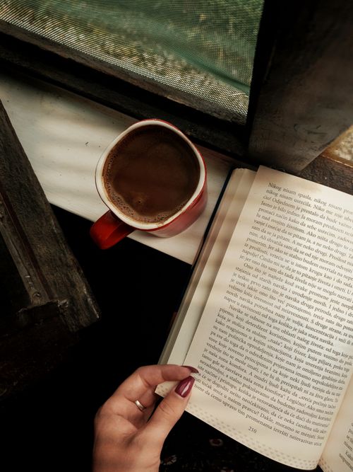 Free A cozy scene of a hand holding a book next to a cup of coffee by a window, perfect for relaxation. Stock Photo